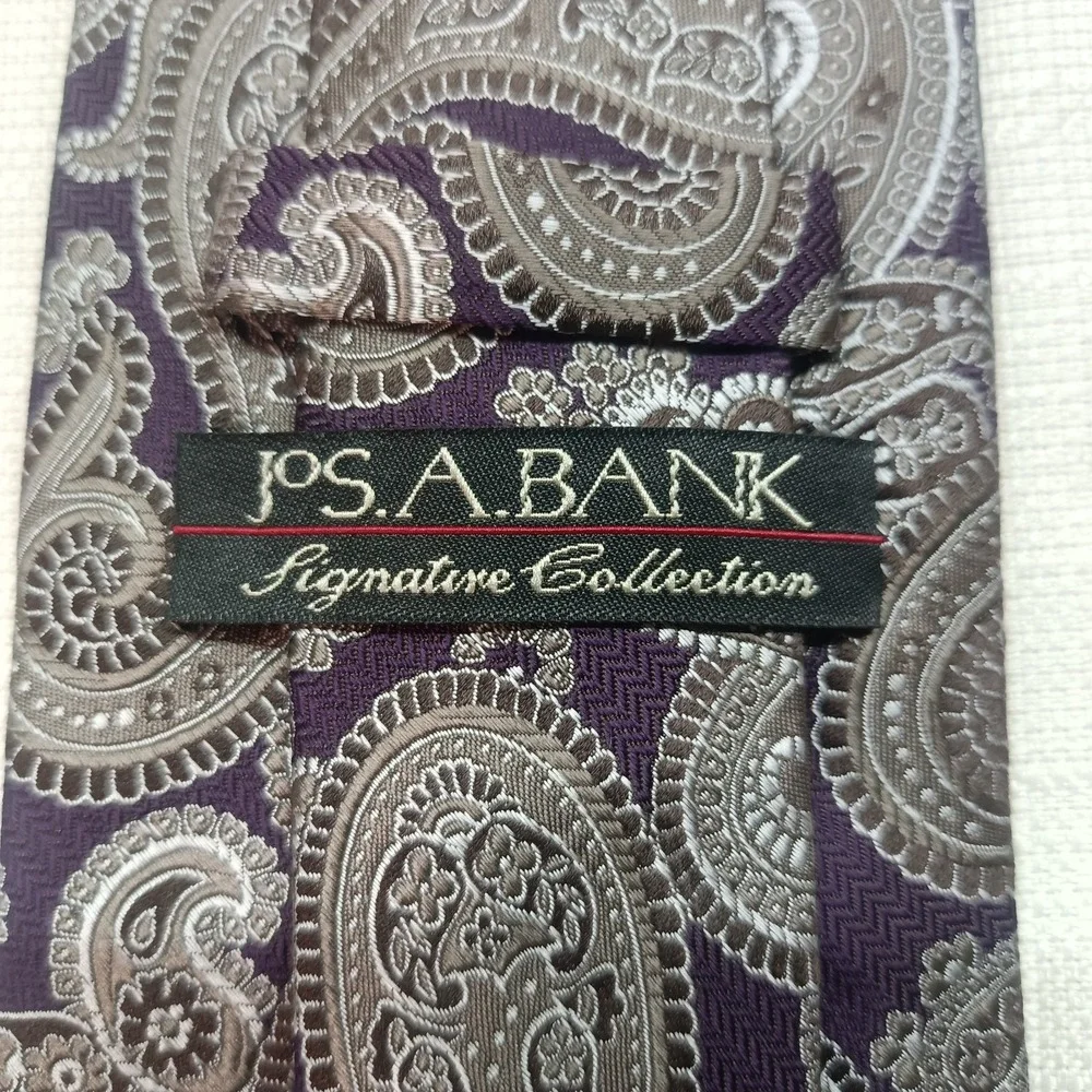 Jos A Bank Signature‎ Mens Purple Taupe Paisley Woven 100% Silk Tie 58in